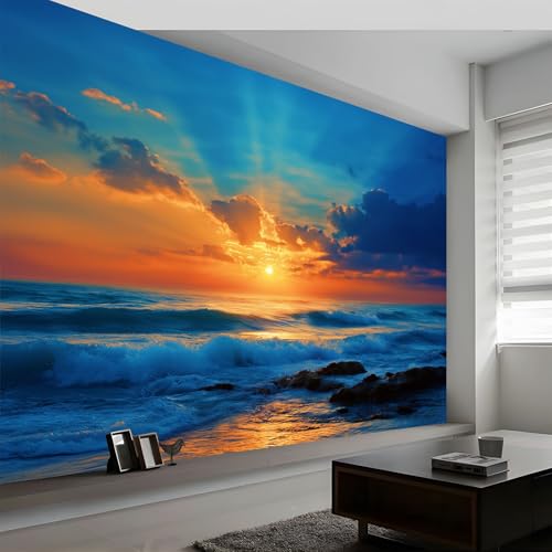 Papel Pintado Panorámico 3D Playa Atardecer Olas Rayas, Mural de Pared Arte Abstracto para Salón Dormitorio Habitación Infantil - Decoración Mural Fotográfica 400An x 280Al cm