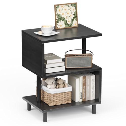 APICIZON サイドテーブル S字 ラック 3段 オープンラック 小さい オープンシェルフ 木目調 ナイトテーブル スリム ベッドサイドテーブル リビング ソファサイド 収納 棚 おしゃれ 北欧 モダン (40cm*30cm*51cm、ブラック)