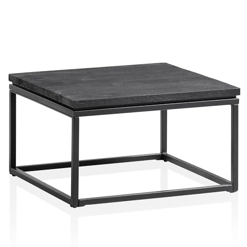 Wohnling Couchtisch 60x60x35 cm Mango Massivholz/Metall Schwarz Sofatisch Quadratisch, Design Wohnzimmertisch mit natürlicher Holzmaserung, Kaffeetisch Wohnzimmer Modern