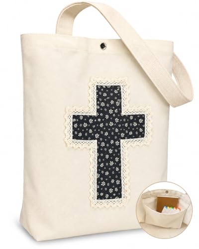 Image of Christian Tote Bag Gift for Women, Canvas Bible Bag Handmade Floral Cross | Christian faith-inspired gift, handcrafted cross with lace, inner pocket, snap closure, bottom gusset, church Bible study use