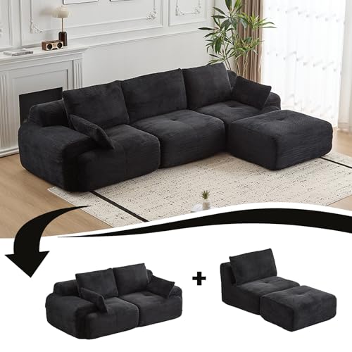 Image of L Shape Sofa Rearrangeable, Oversized Cloud Couch Sectional Modular Sofas with Detachable Ottoman, 4 Pillows and Deep Seat, Corduroy Boneless Couches Sets for Living Room, No Assembly Required, Black