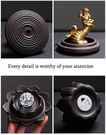 Miniatura 6 de Soporte de incienso de reflujo, quemador de incienso de cerámica hecho a mano, dragón dorado, con luz LED y cubierta acrílica resistente al viento,