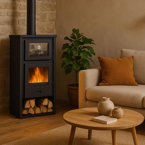 Miniatura 6 de Eider Biomasa Estufa De Leña Lux Con Horno En Inox 12,4 Kw Compacta 104x46x48 Cm Horno Superior De Acero Inoxidable Frente Y Tapa En Fundición Calienta Hasta 210 M Clase Energética A