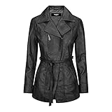 Bouton sur le revers du col Infinity Blouson Femme mi-Long en Cuir Noir Style rétro Vintage