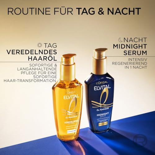 L'Oréal Paris Pflegendes Serum für weiches und glänzendes Haar, Wirkt langanhaltend gegen Frizz, Hinterlässt keine Rückstände, Mit Kamelienblütenöl, Elvital Öl Magique Midnight Serum, 1 x 100 ml