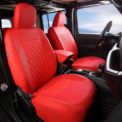 Image of GIANT PANDA Jeep Wrangler 4 Door JL 2018-2026 Full Set Car Seat Covers for Sahara Altitude Rubicon 392 Unlimited with Rear Cup Holder, Customized Faux Leather - (Red)
