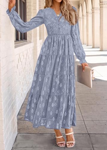 Image of KIRUNDO Spring Wedding Guest Dresses for Women 2026 Maxi Floral Long Sleeve Elegant Ruffle Tiered Flowy Party Long Dress