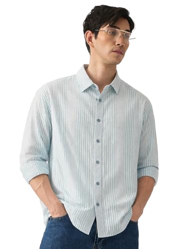 Image of The Souled Store Seersucker: Men and Boys Long Sleeve Spread Collar Striped Lightweight Easy to Style Everyday Office Wear Cotton Relaxed Shirt