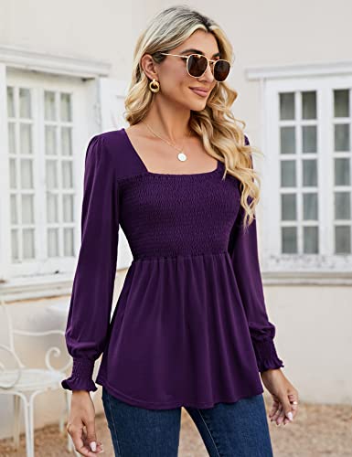 Lomon Puff Long Sleeve Tunic Tops For Women Ladies Retro Square Neck Smocked Blouse Top (Purple, M) #TOP3