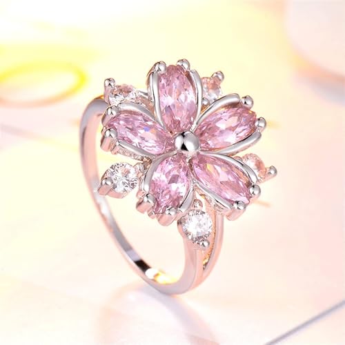 LSCZSLYH Sakura Engagement Rings for Bride Jewelry Romantic Cherry Blossom Zircon Lady Rings (Color : Pink, Size : 8)2