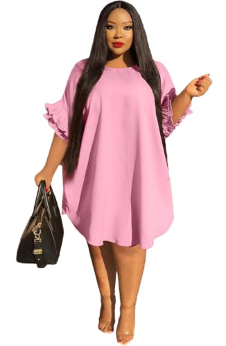 Image of Ekaliy Women's Plus Size Dress Casual Ruffle Sleeve Loose Midi Dress | Lightweight,breathable summer dress,a loose fit,chic ruffle details,party,Easy-care,Casual,everyday wear