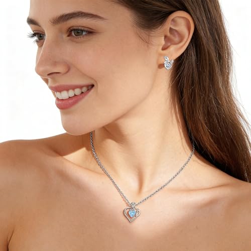 JACUPO Heart Birthstone Necklace for Women I Love You Light Blue Silver — view 5