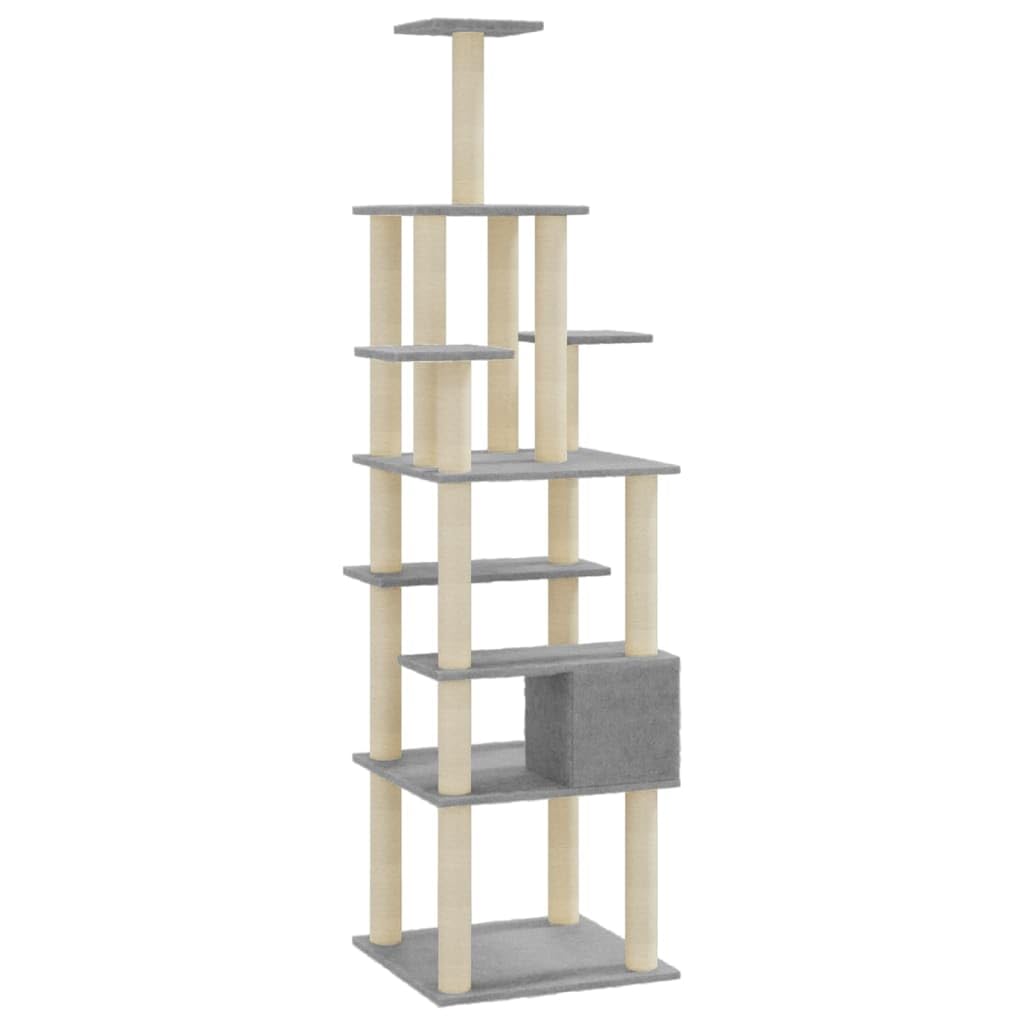 Kratzbaum für Katzen, Hellgrau, 183 cm, mit Kratzsäulen, Sisal | Verstecktes Haus für Nickerchen, Plattform, natürliches Kratzbrett, Indoor-Übungsspiel