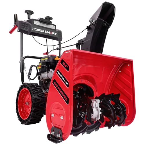 PowerSmart Snow Blower Gas Powered 24 Inch Self-Propelled 2-Stage 252cc Engine with Electric Start, LED Headlight, Red