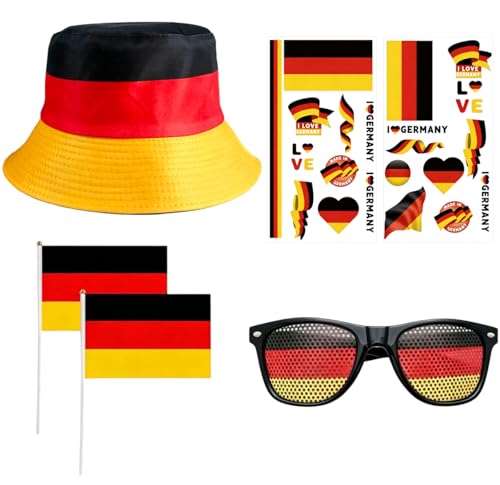 WWISTOA 6-Teiliges Deutschland Fanartikel SetZubehör mit Mütze Brille Fahne und Tattoos Perfekte Fußball Deko für Fußball Party