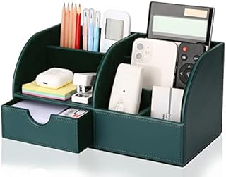 KINGFOM PU Leather Office Desk Organiser Tidy Pen Pencil Pots Holder Stationery Storage Box Desk Accessories Brown