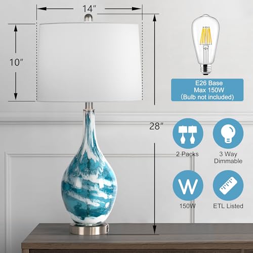 Maxax Coastal Glass Table Lamps Set of 2 Blue Bedside Lamp with USB Charging, Modern Bedside Desk Lamp with White Shade for Living Room Bedroom Coffee Nightstand (ETL Certified) - Image 3