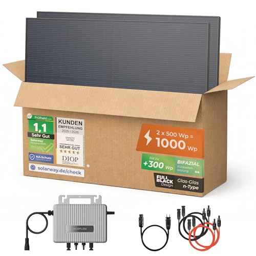 Solarway® 1000Wp / 800W Balkonkraftwerk komplett Steckdose - neuester EcoFlow Stream 800 Watt Wechselrichter - Solaranlage Komplettset - 500W bifaziale Black Solarmodule & EcoFlow & Zubehör