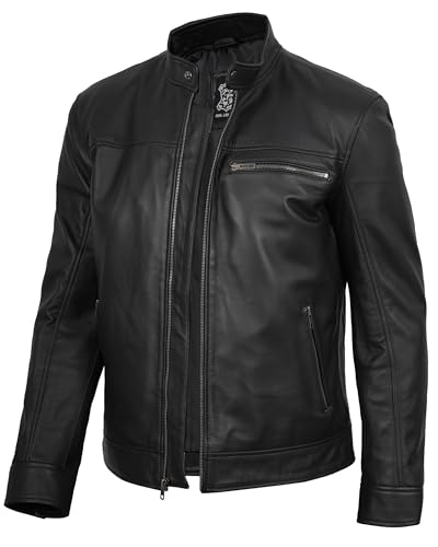 Image of fjackets Mens Leather Jacket - Real Lambskin Cafe Racer Moto Biker Stand Collar Jacket