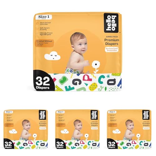 Image of Hello Bello Premium Baby Diapers Size 1 I 32 Count of Disposable, Extra-Absorbent, Hypoallergenic Baby Diapers with Snug and Comfort Fit I Alphabet Soup (Pack of 4)
