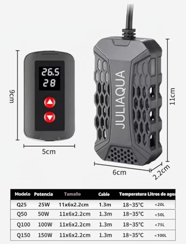 Miniatura 2 de Juliaqua Calentador De Acuario Con Indicador De Temperatura, Calentador Ecológico Ajustable, 25 W 50 W 100 W 150 W Q-150 W