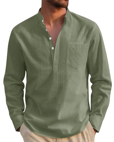 J.VER Mens Linen Shirts Henley Collar Long Sleeve Regular Fit Casual Summer Beach Cotton Shirt with Pocket Olive Green XL