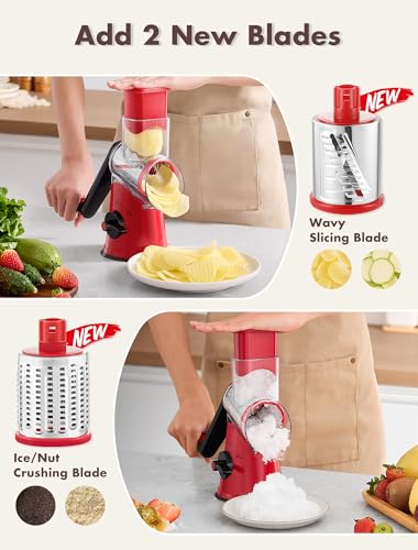 Image of GDL Rotary Cheese Grater Hand Crank with 5 Interchangeable Blades - Upgraded Cheese Shredder Featuring Strong Suction Base for Cheese Shredding, Wavy Slicing, Nut Grinding, Ice Shaving
