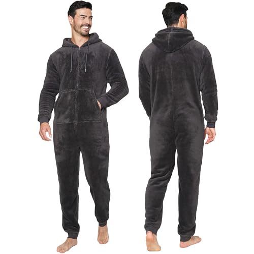 NOROZE Mens Plain Snuggle Hooded Onesie Adult Warm Fleece All-in-One Zip Jumpsuit Pyjamas Nightwear Loungewear Onesies (S, Charcoal)