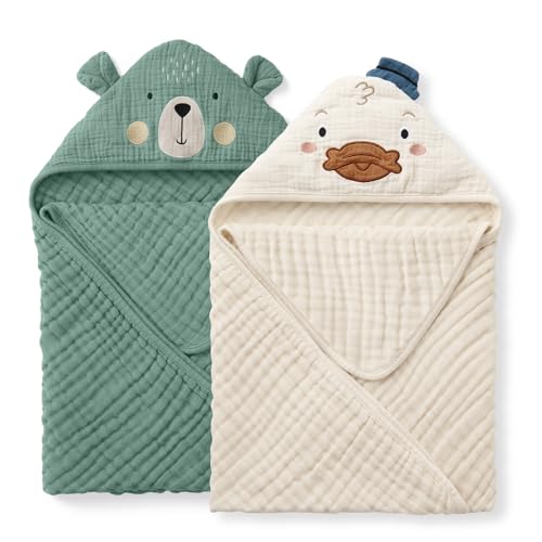 Image of Blissful Diary Muslin Baby Hooded Towel 2 Pack, Soft & Absorbent Bath Towel for Infant, Toddler, Unisex, Baby Gift, Newborn Essentials, Bear & Duck