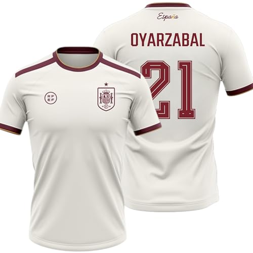 Camiseta España 2026 2028 | Oyarzabal 21 Dorsal y Nombre | Color Blanco con Detalles Granate | Manga Corta | Diseño Futbol Aficionados | Tejido Transpirable Deportivo
