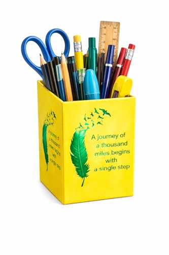 Image of Sumiko motivational Pen Stand holder Size: 4 x 2.75 inch | Desk Organizer Pen Pencil Holder for Office and Home Decor (Yellow and green)