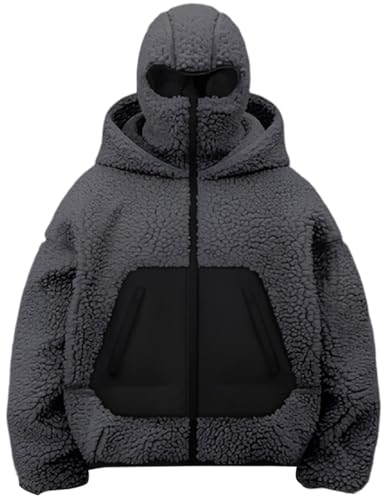 OLIPHEE Sudadera con Capucha Hombre Chaqueta Polar con Cremallera Balaclava Hoodie Sudadera con Cremallera Hombre Suéter Polar Chaqueta Cálida Pasamontañas Moto Invierno Otoño Gris Oscuro M