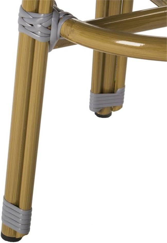 Pemberly Row 30" Wicker/Rattan Bistro Bar Stool, Gray/White Pattern, Light Brown Frame, Weather-Resistant Indoor/Outdoor Seating, French Style for Kitchen, Patio, or Bar