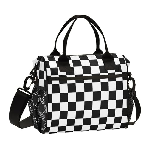 ALAZA Black White Checkered Insulated Lunch Bags Lunchbox Cooler Reusable Large Lunch Tote Bag Shoulder Bag for Work Picnic School M