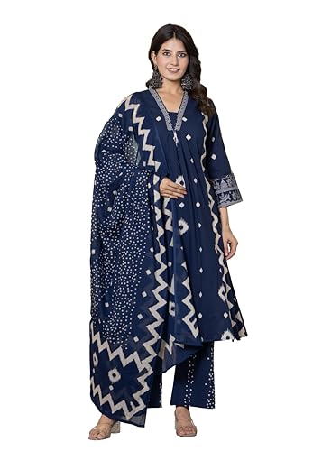 Pistaa's Women's Pure Cotton Printed Flair Kurta with Palazzo & D...