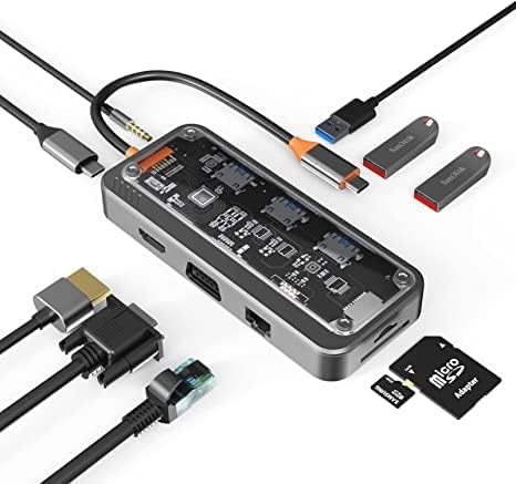RuhZa USB HUB USB C Hub 10 in 1 Type C Hub with Ethernet,4K USB C to HDMI,VGA,PD Power Delivery, 3 USB 3.0 Ports, USB C to 3.5mm, SD/TF Cards Reader for All Devices (USB C to 10 in 1 Transparent HUB)