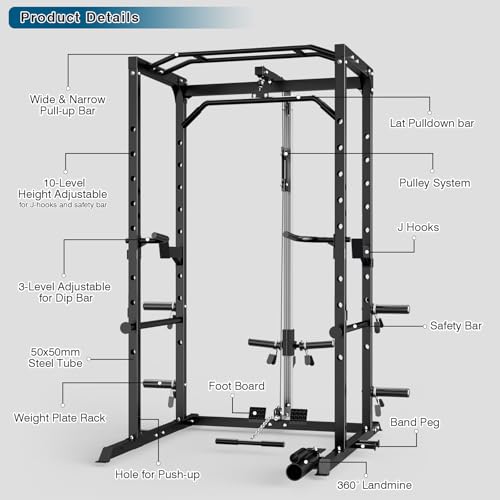 Image of ULTRA FUEGO Power Cage, Multi-Functional Power Rack with J-Hooks, Dip Handles, Landmine Attachment and Optional Cable Pulley System for Home Gym
