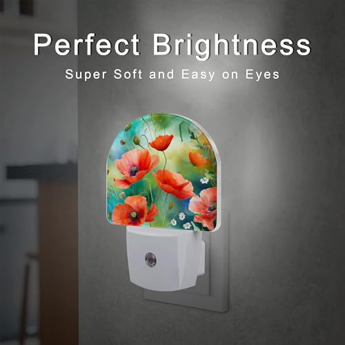 Image of Watercolor Red Poppies Flower Night Light, Abstract Colorful Floral Dusk to Dawn Night Light Plug in,0.5w Energy Saving Sleep Friendly NightLight for Kids Boys Girls Home Decor