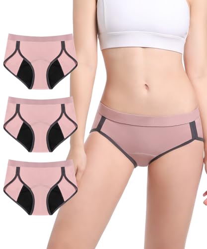 Carer Soft Leakproof Briefs for Women - 3 Pack Leak Proof Menstrual Panties, High Absorbent Period Panties for Heavy Flow, Menstrual & Bladder Leakage(Pink, XL)