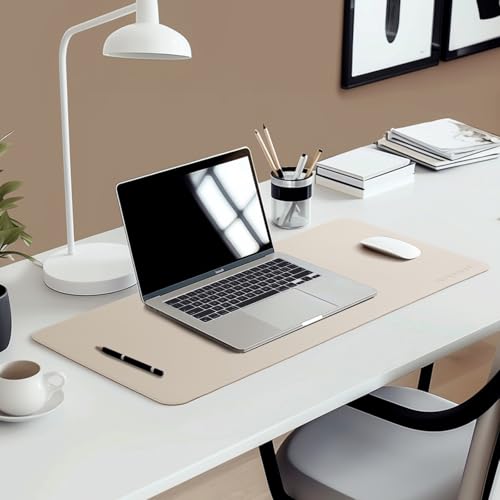 Image of AROPANA Vegan Leather Desk Mat | Large Reversible Mouse Pad & Computer Table Protector | Dual-Side Waterproof Extended Laptop Pad with Edge-Stitched Design (60x35CM, White and Coffee)