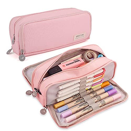 Image of OSDUE Canvas Premium Pencil Case, 6 Layer, 3 Compartments, Large Capacity, Cute Aesthetic Design for Girls, Multifunctional Pouch for School Kids (Queen Pink, Pink, Horizontal)