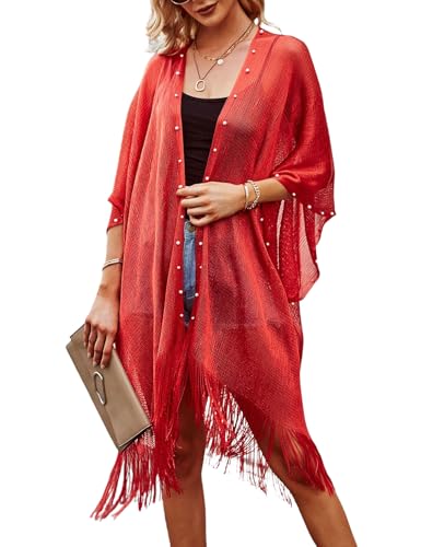 Ferand Women's Pearl Fringe Kimono Cardigan Sheer Loose Swim Cover Up for Beach, Pool, and Vacation