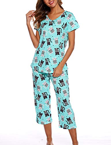 Image of ENJOYNIGHT Womens Pajama Sets Cotton Pj Set Short Sleeve Top With Capri Pants Sleepwear 2 Piece Lounge Set