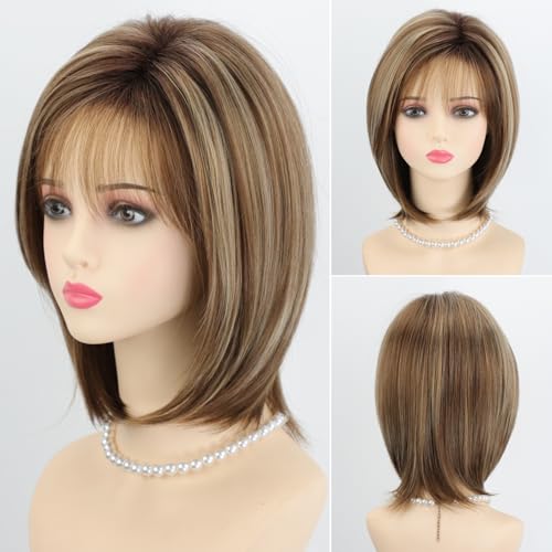 RENERSHOW Brown Short Wigs for White Women 12inch Layered Brown mix Blonde Mid-length Pixie Bob Wig with Bangs Straight Heat Synthetic Natural Daily Party Average Size Wig