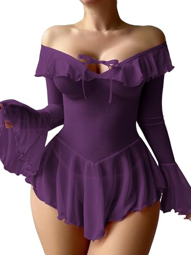 Image of OYOANGLE Women's 2 Piece Off Shoulder Long Sleeve Ruffle Mesh Sheer Nightgowns with Thongs Babydoll Lingerie Set