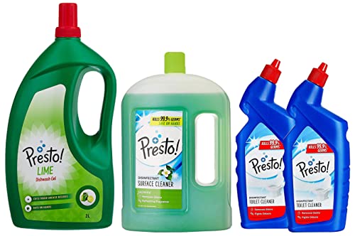 Image of Amazon Brand - Presto! Dish Wash Gel - 2 Litre (Lime) & Toilet Cleaner - 1 L (Pack of 2) & rface /Floor Cleaner - 2 L (Jasmine)