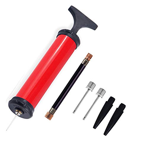Small Portable Sports Ball Pump Kit - Air Pump, Needles, nozzles, for Basketball, Volleyball, Soccer Balls, Football, Balloon, Rugby, Swim Ring, Inflatables Toys Inflator Needle Nozzles Adapter (Red)