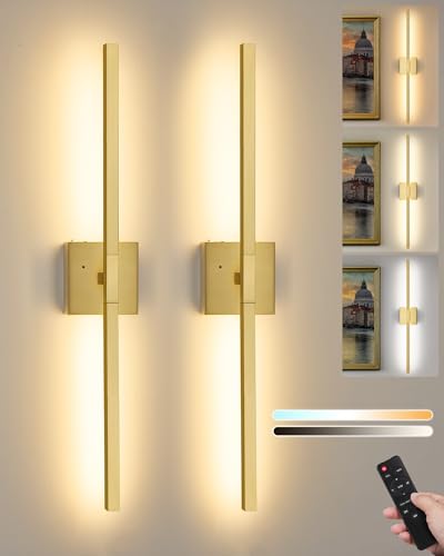 Image of Rayogale Gold Battery Operated Wall Sconce with Remote Control 36 Inch | 3000 /4500 /6000K Dimmable 8000mAh Wireless Rechargeable Wall Sconces Set of Two with Timer for Living Room, Bedroom, TV