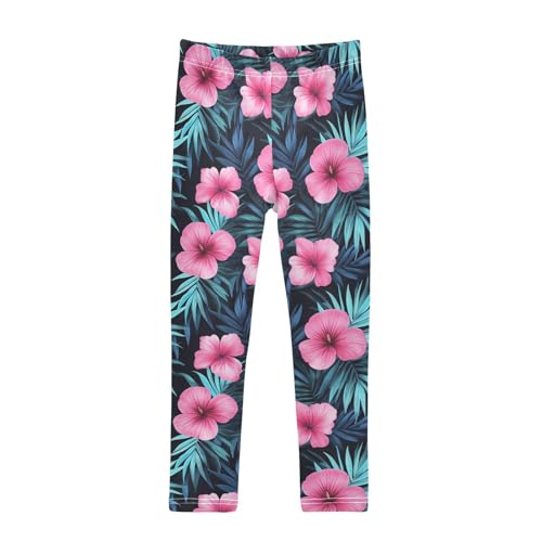Red Pink Hibiscus Leaf Girls Casual Leggings for Kids Printed Long Pant Bottoms Stretch and Soft