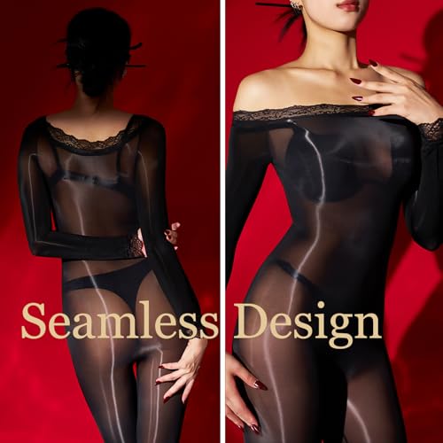 Body brillant 8D manches longues femme sous-vêtement transparent